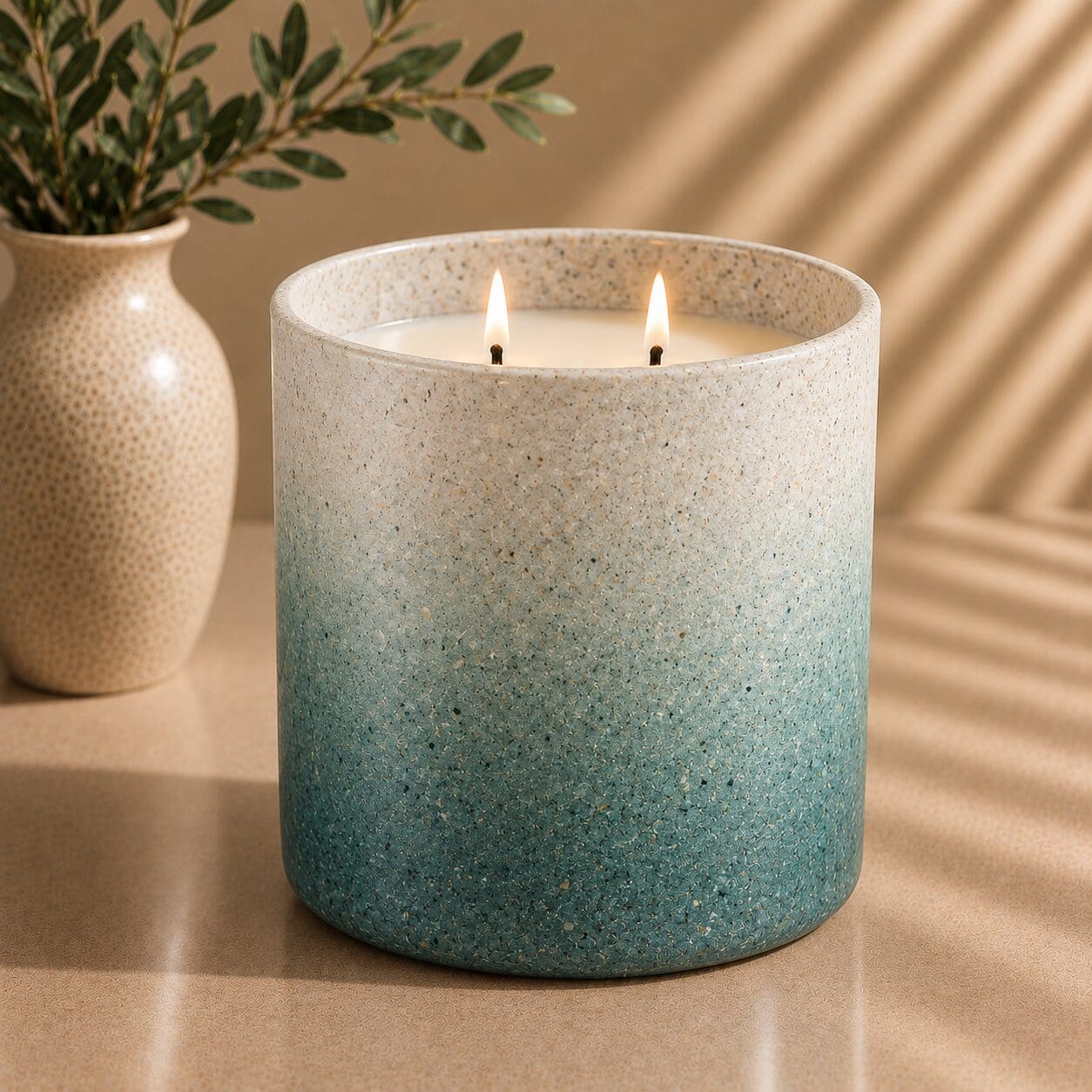 Speckled ceramic candle jar with two lit wicks, cream-colored wax, and gradient green-to-cream glaze, displayed beside a textured vase with greenery on a neutral surface with window light