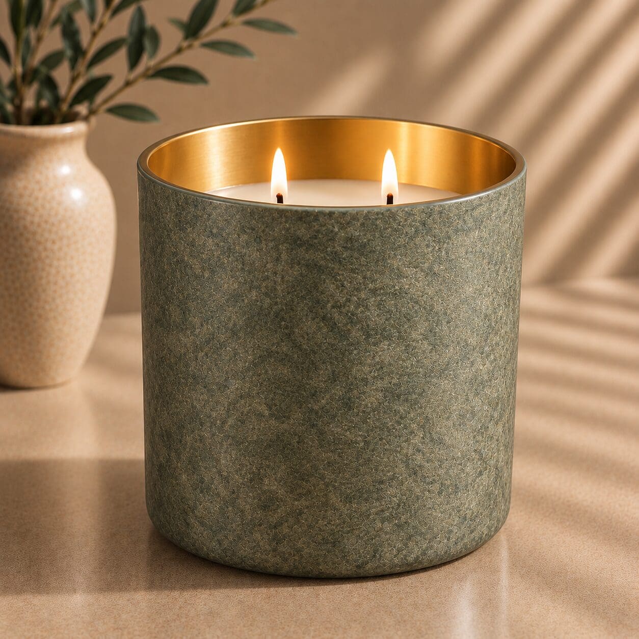 Sage green spray coated cylindrical candle with gold interior, two lit wicks, displayed next to a cream ceramic vase with greenery on a neutral surface
