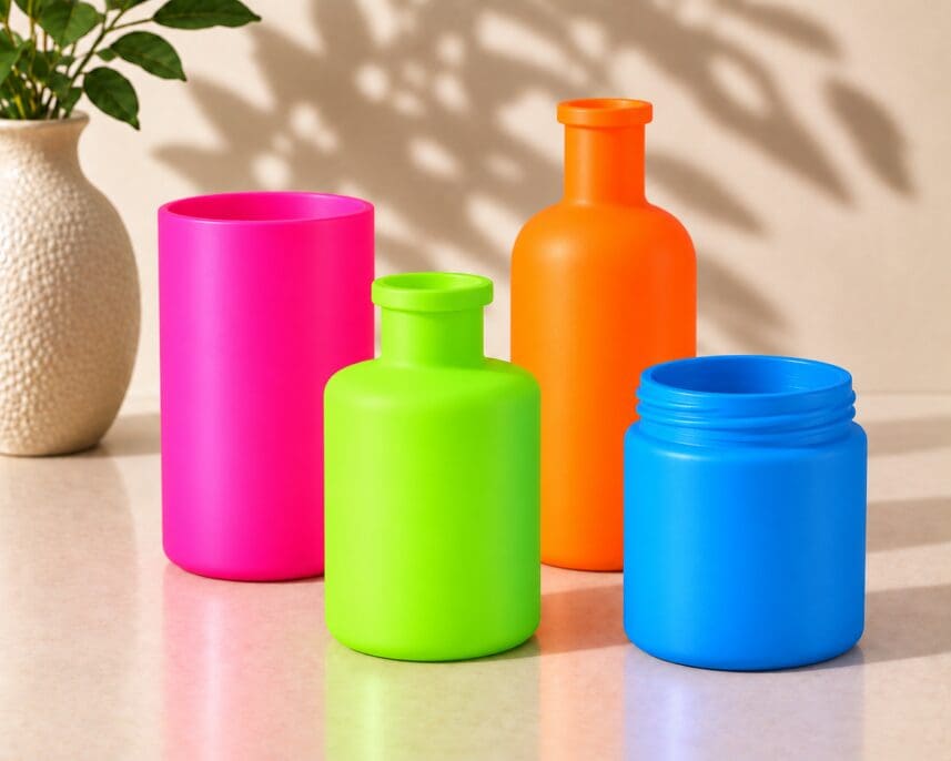 Four colorful spray-coated glass containers in bright pink, lime green, orange, and blue arranged on a light surface with a potted plant, showcasing decorated glassware and bottle decorating options