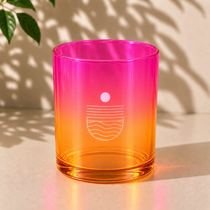 Gradient glass jar with pink-to-orange spray coating featuring minimalist sun and wave design, displayed on neutral surface with leaf shadows