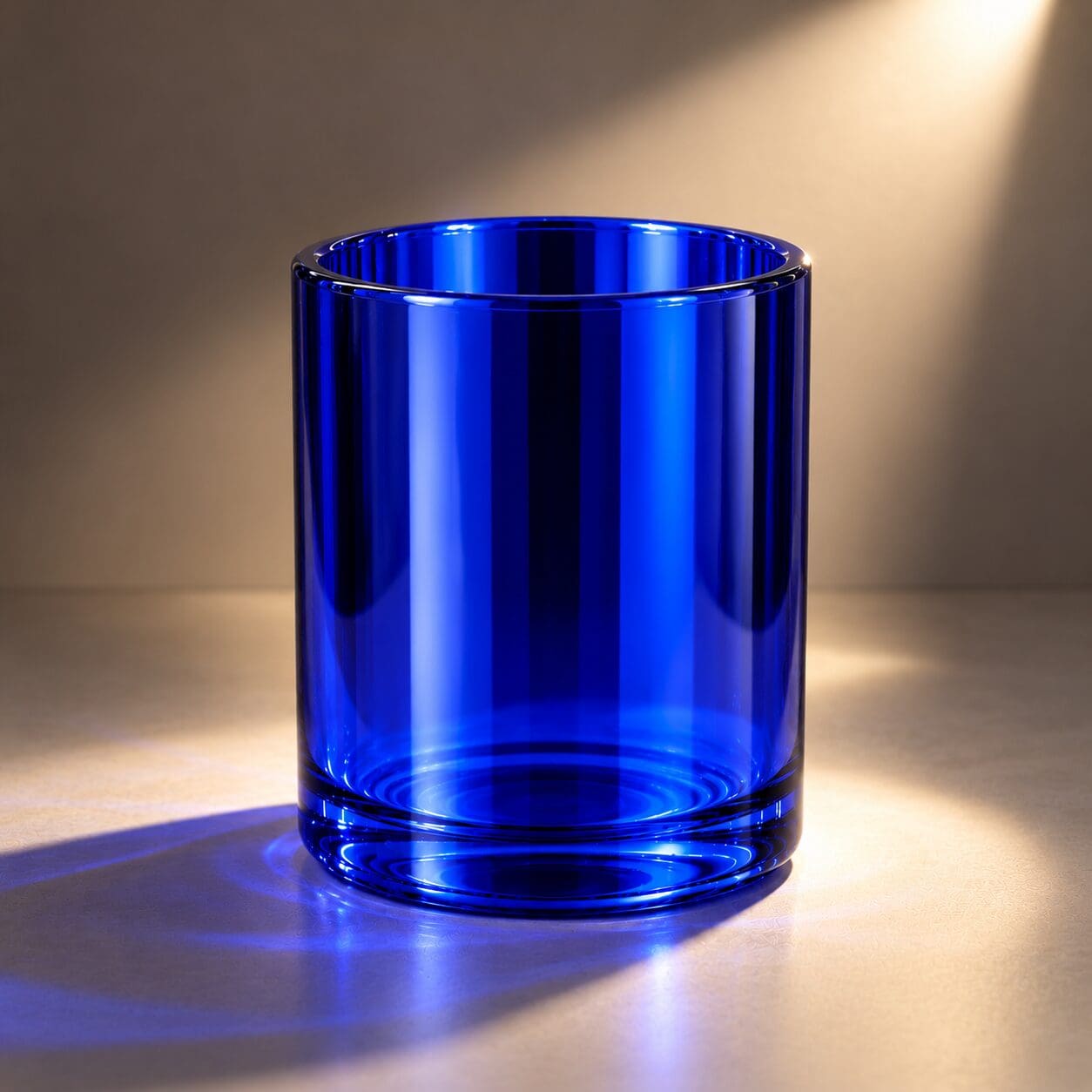 Empty cobalt blue cylindrical glass with vertical ribbed texture, casting shadows on neutral background
