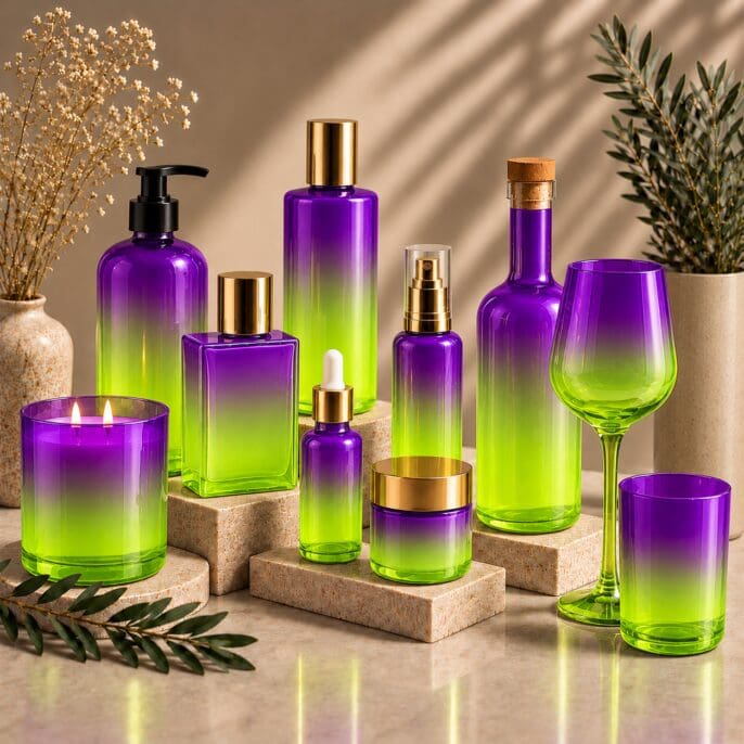 Collection of purple and lime green ombre glass bottles, jars and drinkware with gold accents displayed on stone blocks with dried flowers and greenery