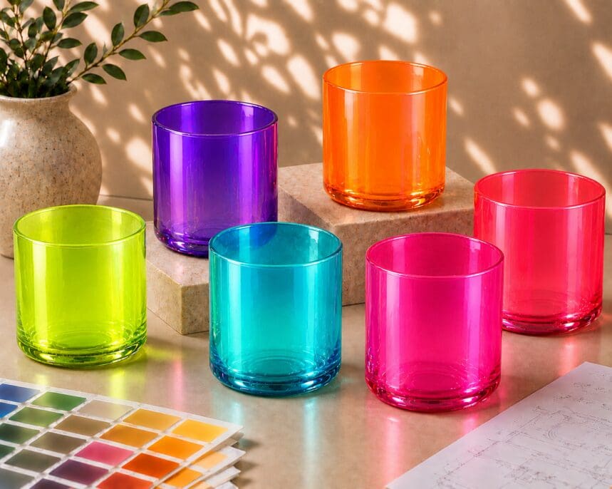 Six colorful spray coated glass containers in lime, purple, cyan, magenta, orange and red displayed with a color palette and potted plant