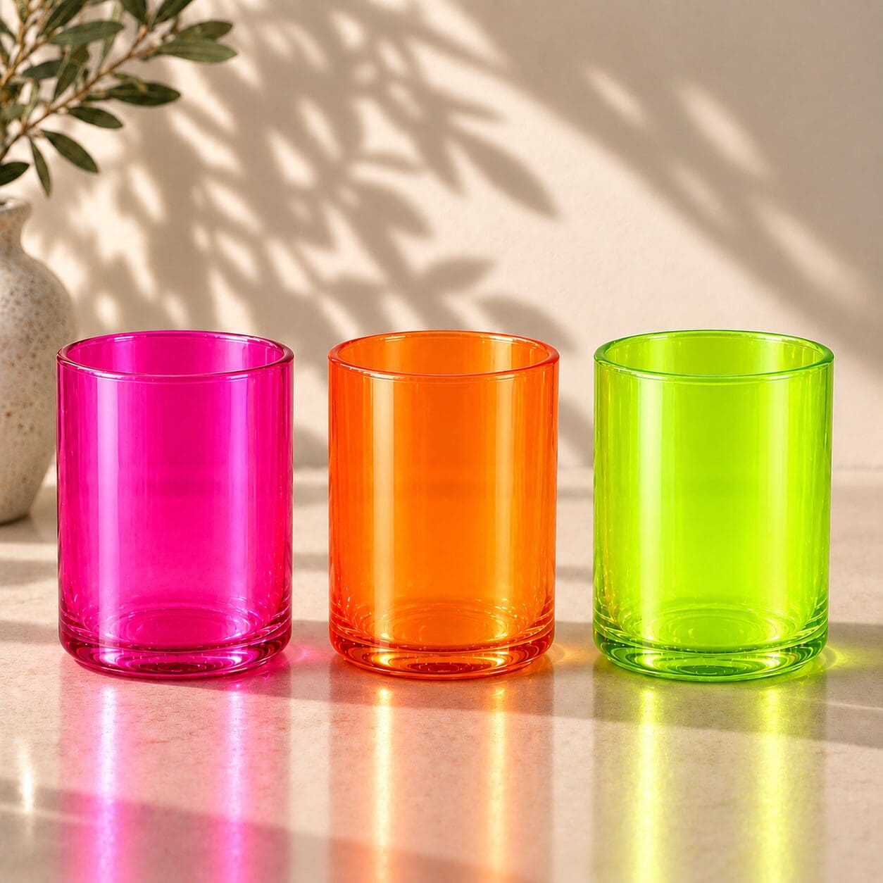 Three vibrant neon glass containers in magenta, orange, and lime green with reflective spray coating displayed on a marble surface with plant shadows
