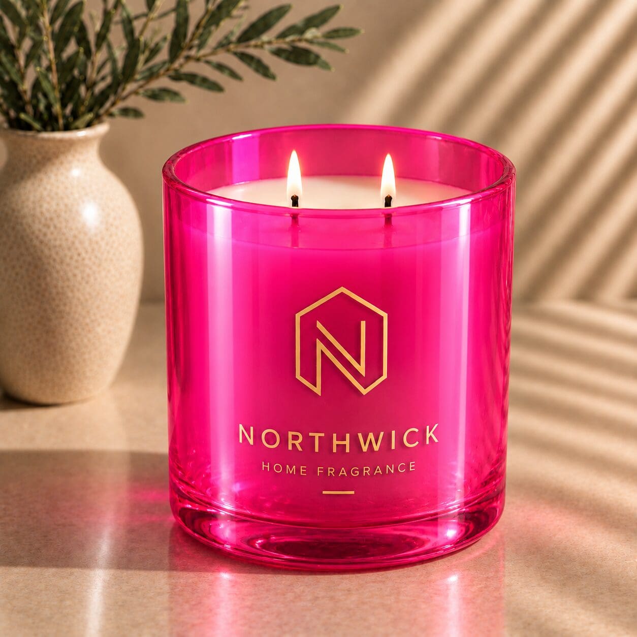 Bright pink glass candle jar with gold "Northwick Home Fragrance" logo and text, two lit wicks, displayed on beige surface next to cream vase with greenery and window shadows