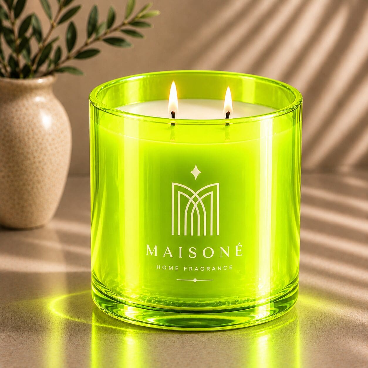 Bright lime green glass candle jar with two white wicks, featuring white logo and "MAISONEÉ HOME FRAGRANCE" text, displayed on neutral surface with potted plant and window shadows