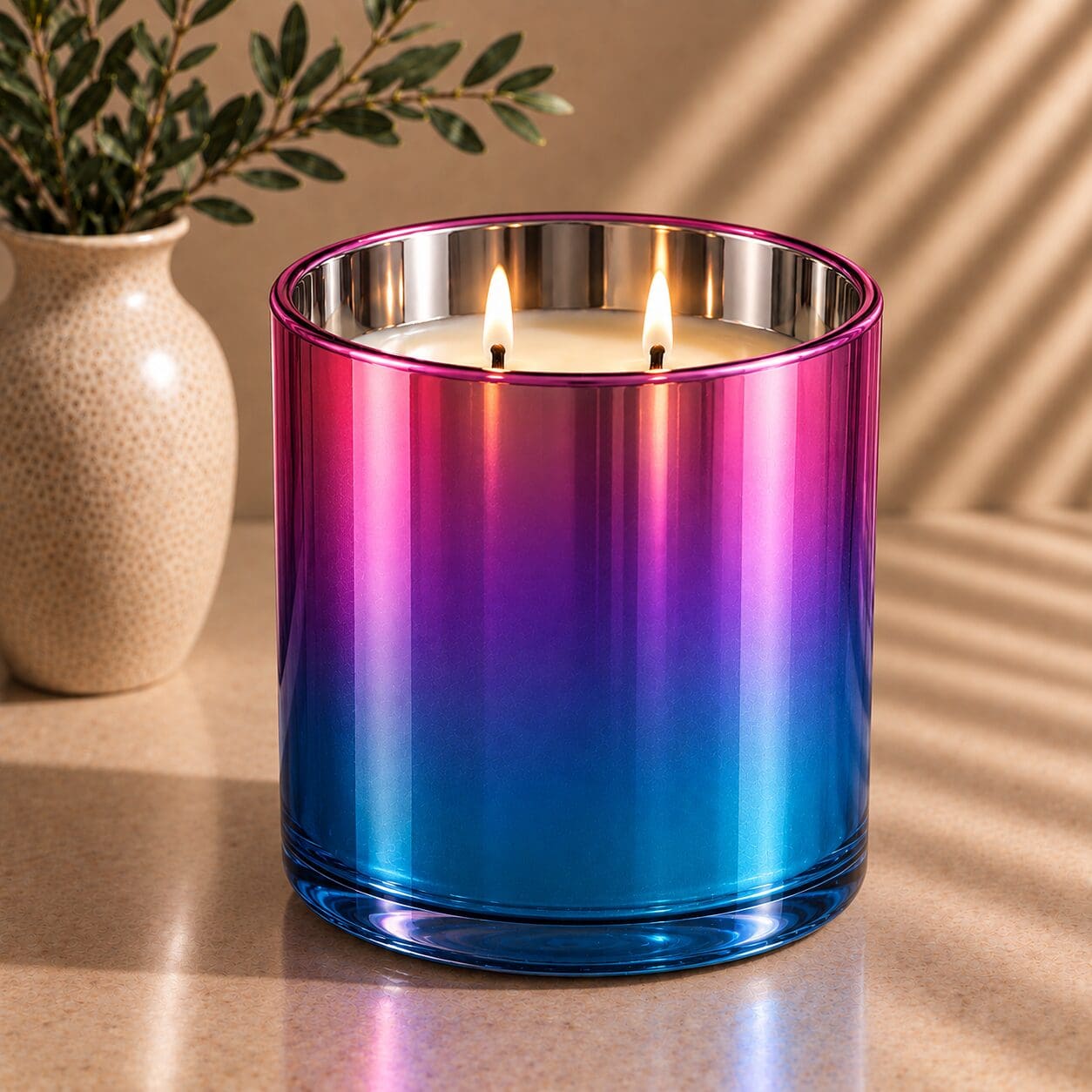 Gradient spray coated glass candle jar with pink to blue ombre effect, lit dual wicks, beside a cream textured vase with greenery in natural sunlight