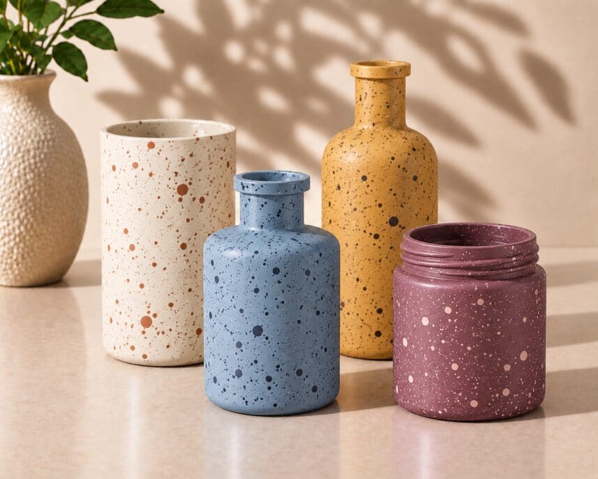 Five speckled ceramic vessels in cream, rust, blue, gold, and mauve displayed on a beige surface with plant and shadows in background