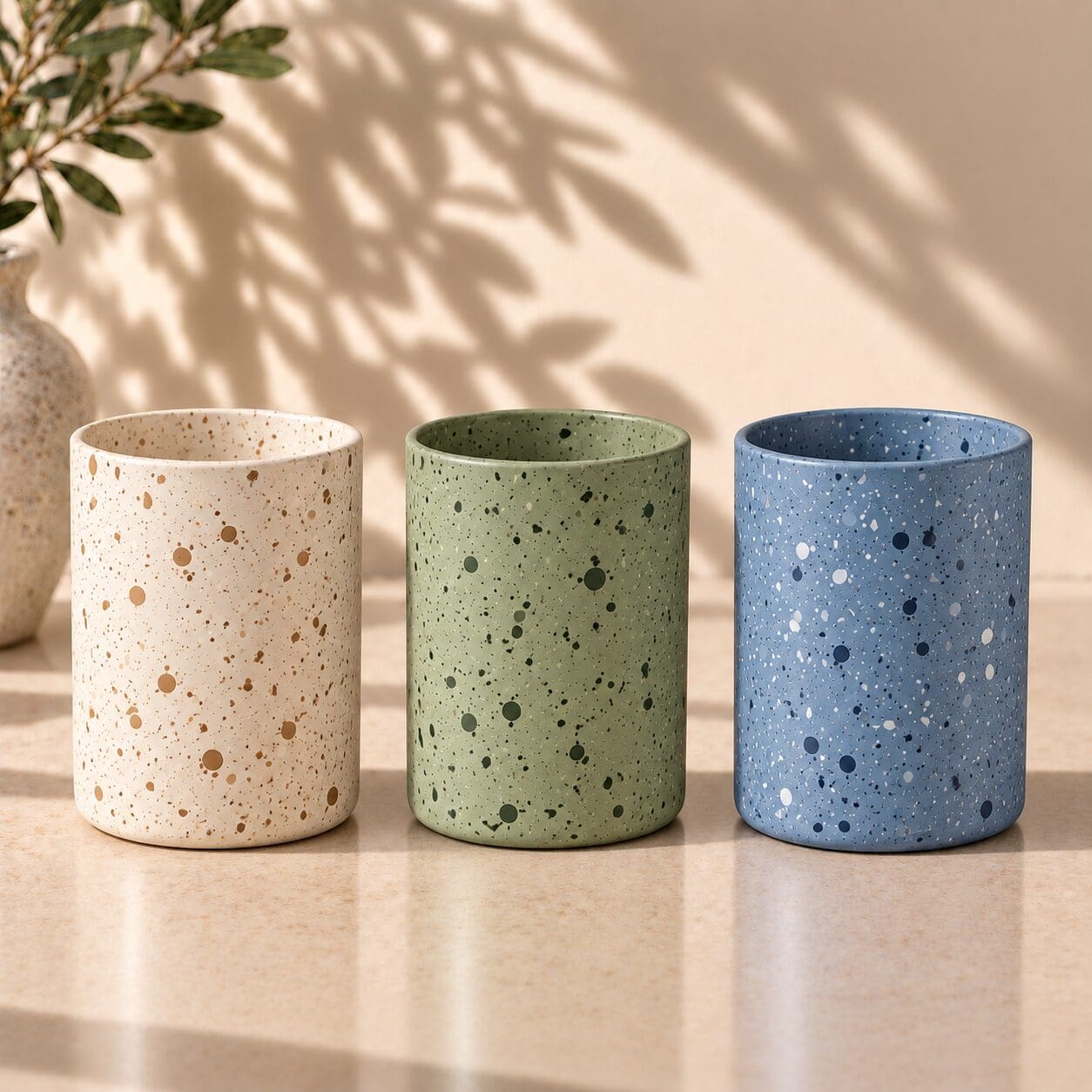 Three speckled ceramic vessels in cream, sage green, and blue with dotted texture pattern, displayed on marble surface with plant shadow backdrop