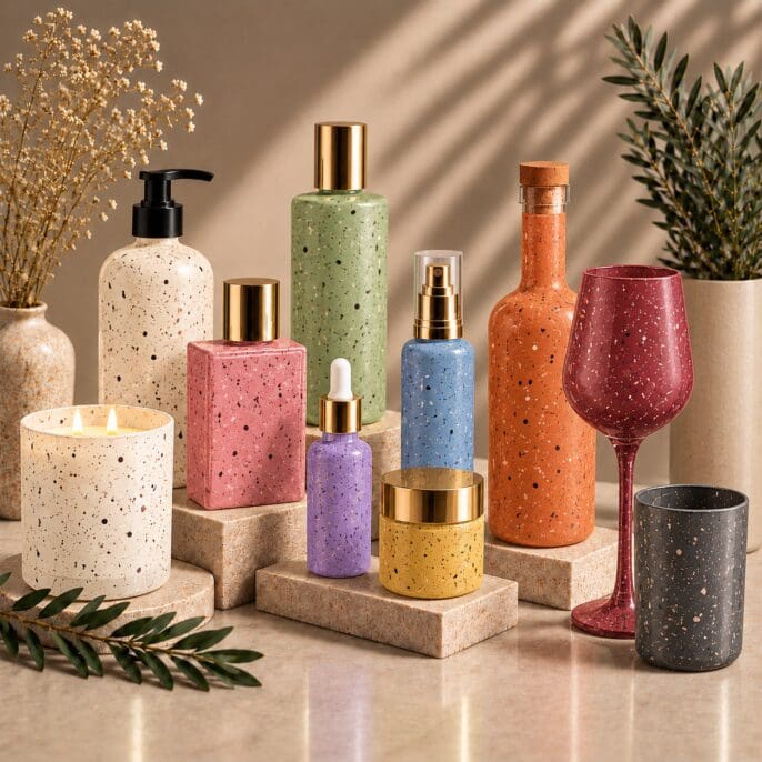 Colorful speckled beauty and home fragrance products including decorated perfume bottles, candle jars, wine glasses, and drinkware arranged on marble with dried flowers and greenery