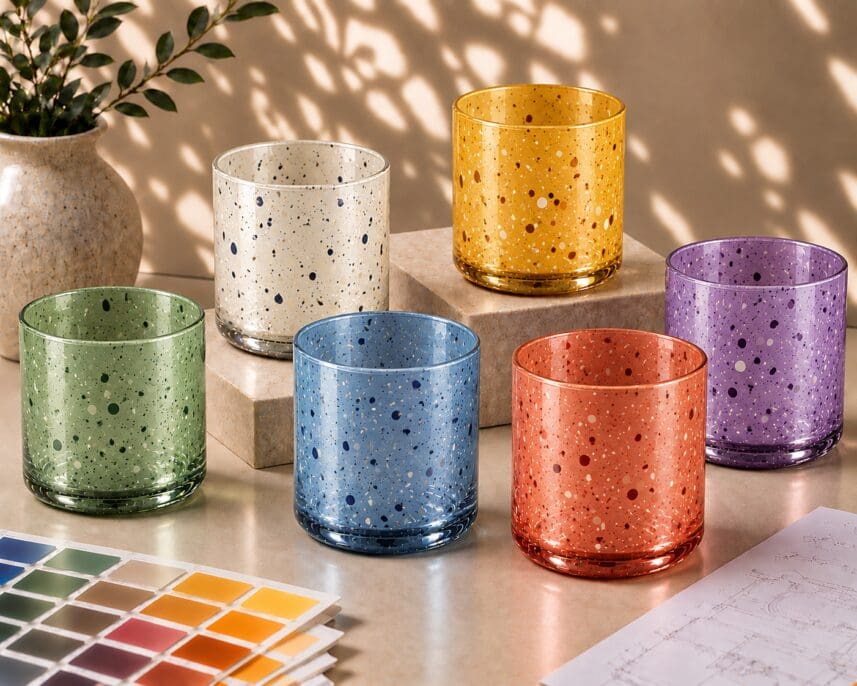 Six colorful speckled glass containers in green, cream, blue, orange, gold, and purple arranged on a table with a potted plant, color swatches, and sketches, showcasing decorated glassware and candle jar design options