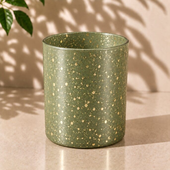Sage green glass cylinder with gold and white speckled spray coating, sitting on beige surface with leaf shadows and green foliage visible
