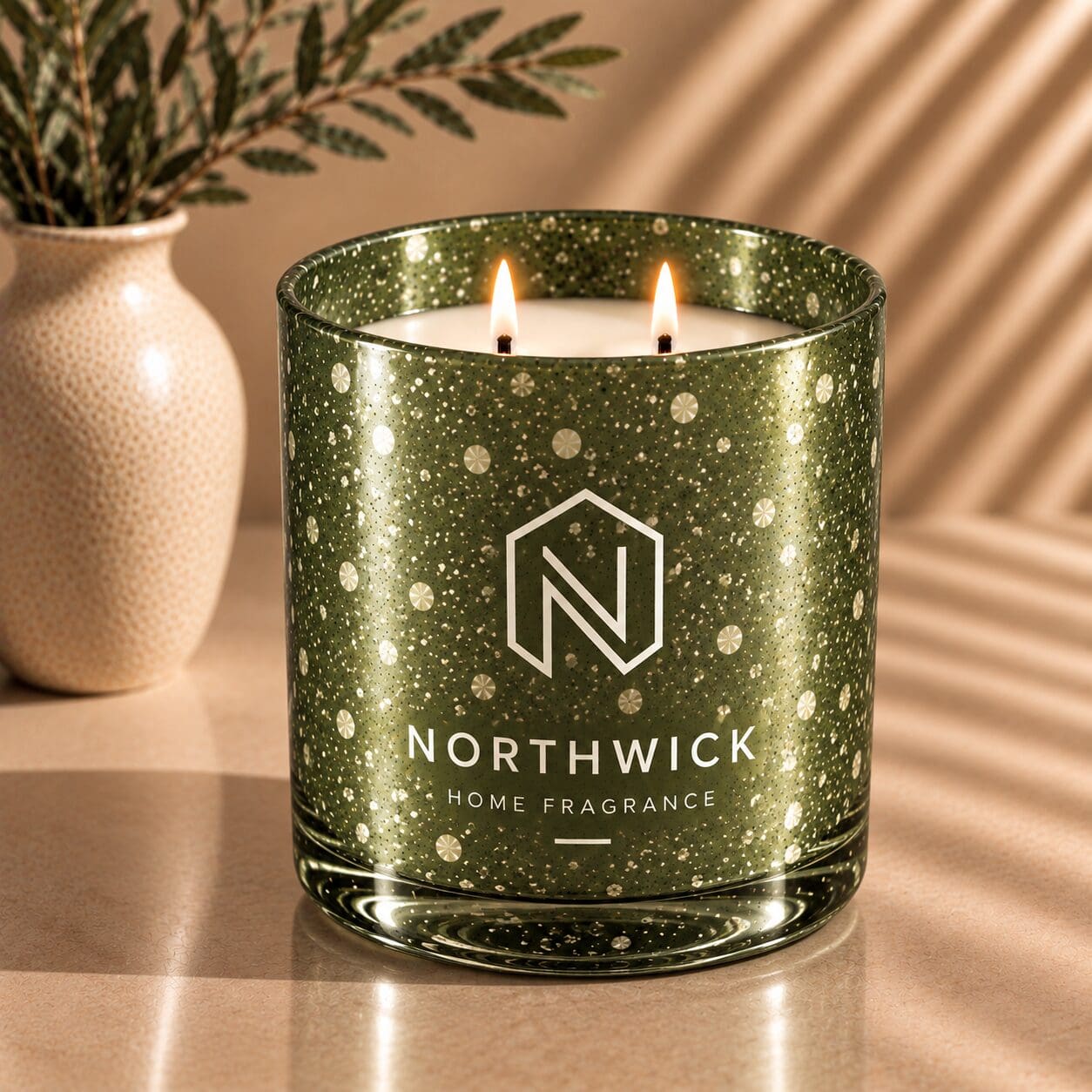 Northwick Home Fragrance two-wick candle in a green speckled glass jar with logo, displayed on a wooden surface next to a cream vase with greenery and sunlit window blinds in background