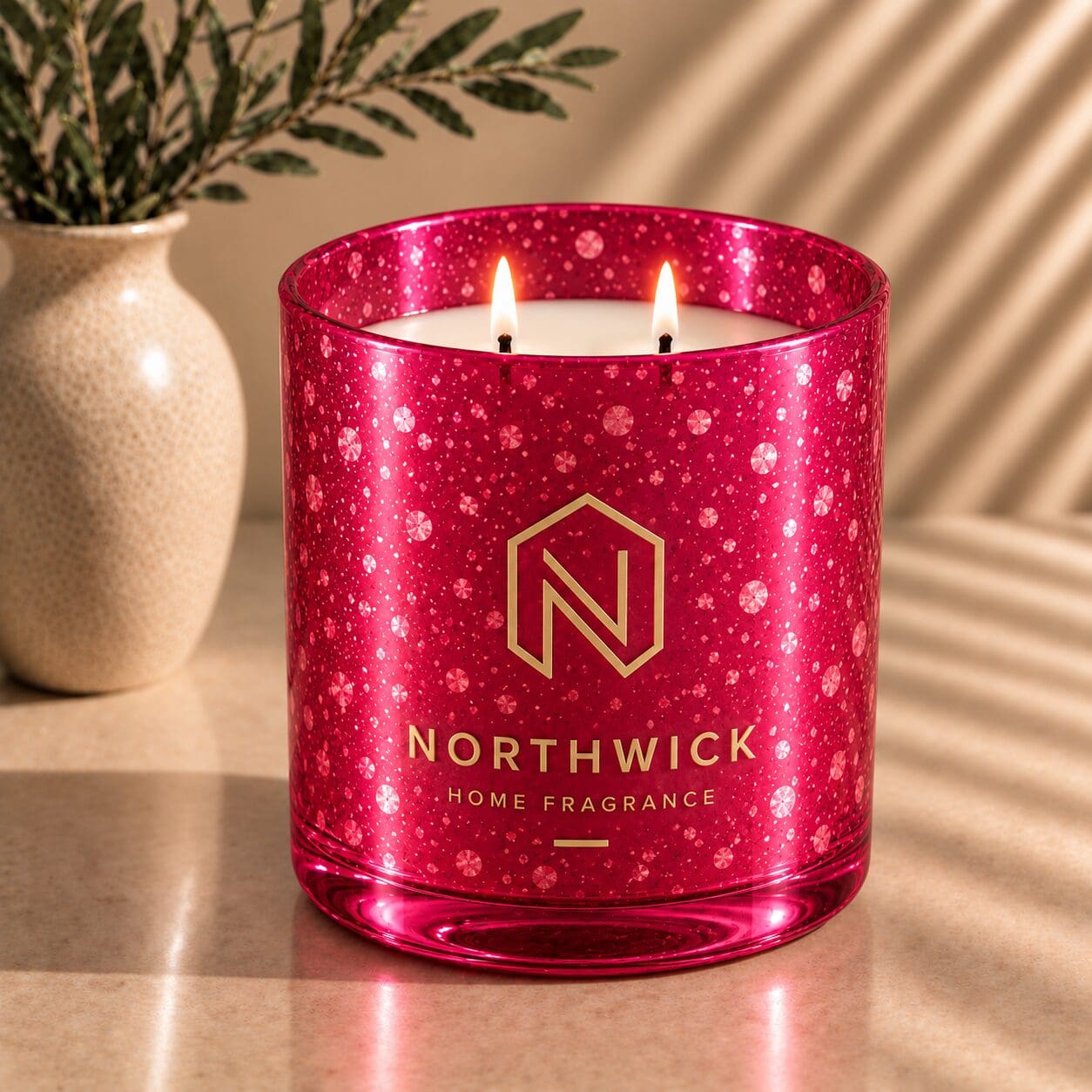 Northwick Home Fragrance red glitter glass candle with two lit wicks beside a cream vase with greenery, demonstrating spray-coated decorative glassware and candle jar decorating