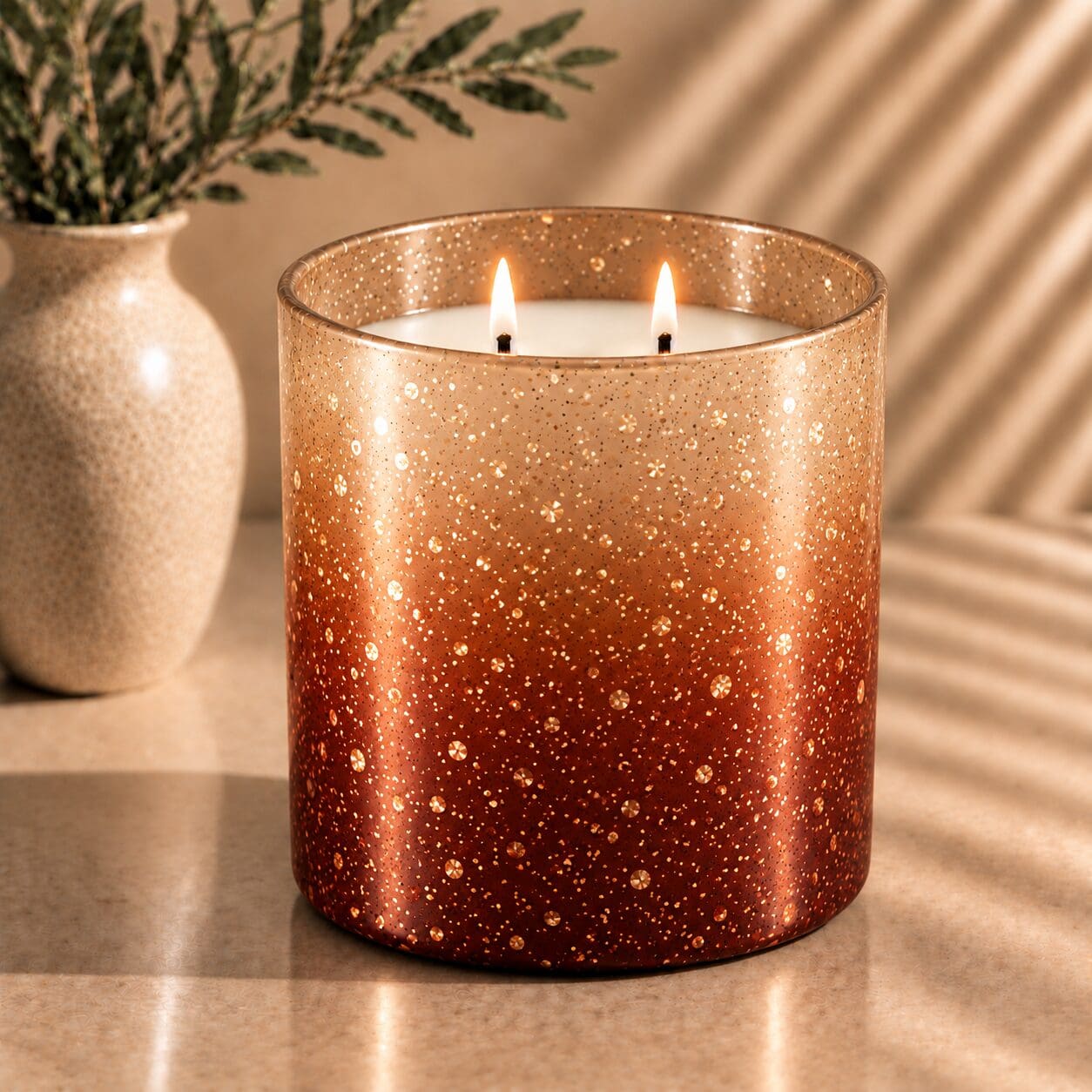 Copper glitter-coated two-wick candle jar beside a cream ceramic vase with greenery, casting shadows on a neutral surface
