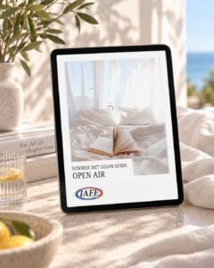 Tablet displaying "Summer 2027 Color Guide: Open Air" with JAFE logo, positioned on a sunlit windowsill beside a potted plant, glass of water, and book