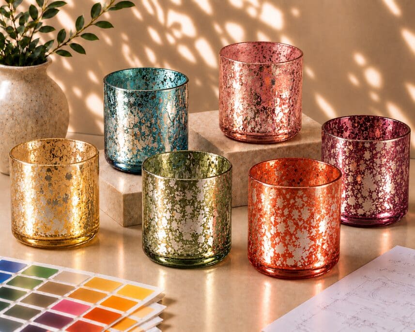 Six metallic speckled glass candle jars in gold, teal, olive, coral, and burgundy arranged on a beige surface with color swatches and plant decoration