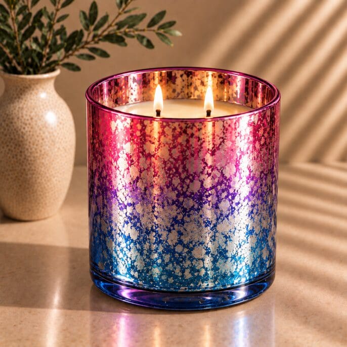 Decorative glitter candle jar with ombre gradient from pink to blue, two lit wicks, placed on marble surface next to ceramic vase with greenery