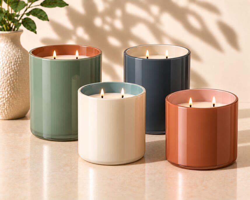 Four lit two-wick candles in sage green, cream, charcoal, and terracotta glass jars with metallic rims arranged on a marble surface beside a textured white vase with leaf shadows