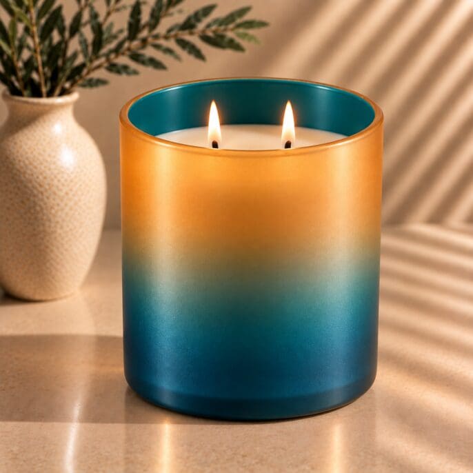 Two-wick candle in teal and gold spray-coated glass jar with cream wax, beside a cream textured vase with greenery, on wooden surface with shadow overlay