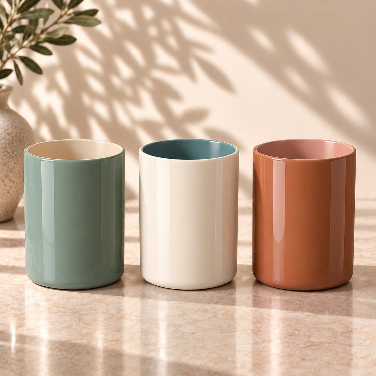 Three ceramic mugs in sage green, cream, and terracotta displayed on a marble surface with plant shadows and greenery, showcasing decorated drinkware design