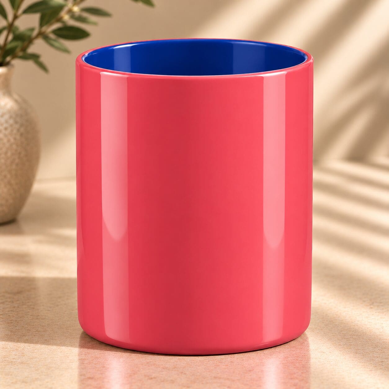 Bright coral pink cylindrical glass container with deep blue interior, displayed on sandy surface next to potted plant
