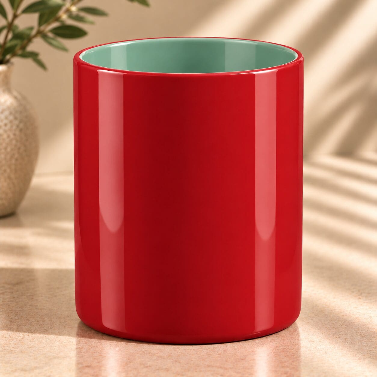 Red cylindrical mug with mint green interior, displayed on beige surface next to potted plant with natural lighting