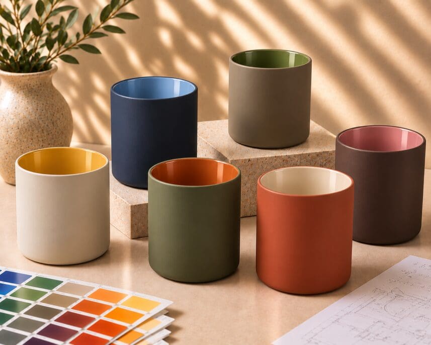 Six colorful ceramic mugs with contrasting interior glazes arranged on cork blocks, displaying glass decorating and spray coating samples with color swatches and design sketches nearby