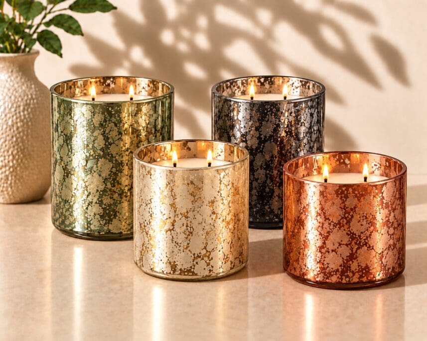 Four lit candles in metallic speckled glass jars in gold, silver, copper and bronze finishes arranged on a marble surface with potted plant and shadow backdrop