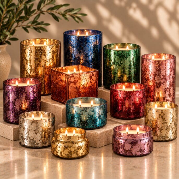 Collection of decorative glitter-coated glass candle jars in gold, blue, green, and rose colors with lit candles arranged on stone blocks