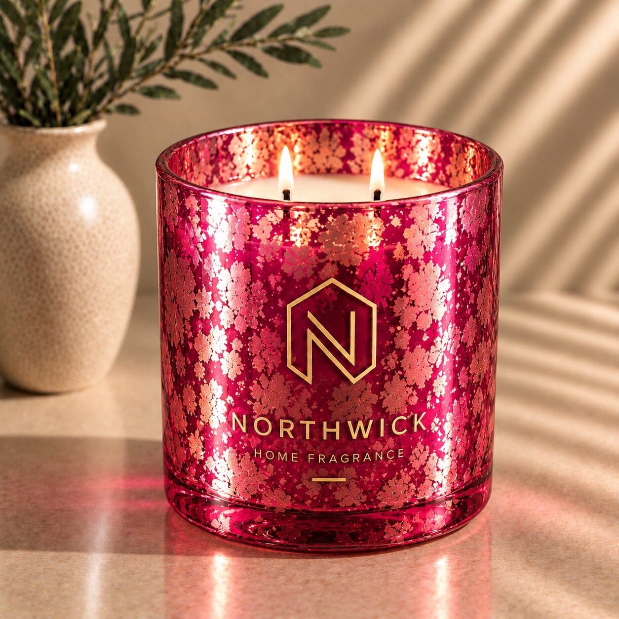 Red glitter spray-coated glass candle jar with gold Northwick Home Fragrance logo, displaying two lit wicks beside a cream ceramic vase with greenery in natural sunlight
