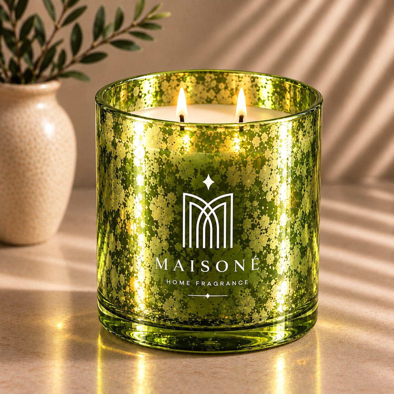 Lime green glitter-coated glass candle jar with white Maisone Home Fragrance logo, two lit wicks, beside a beige ceramic vase with greenery and window shadows