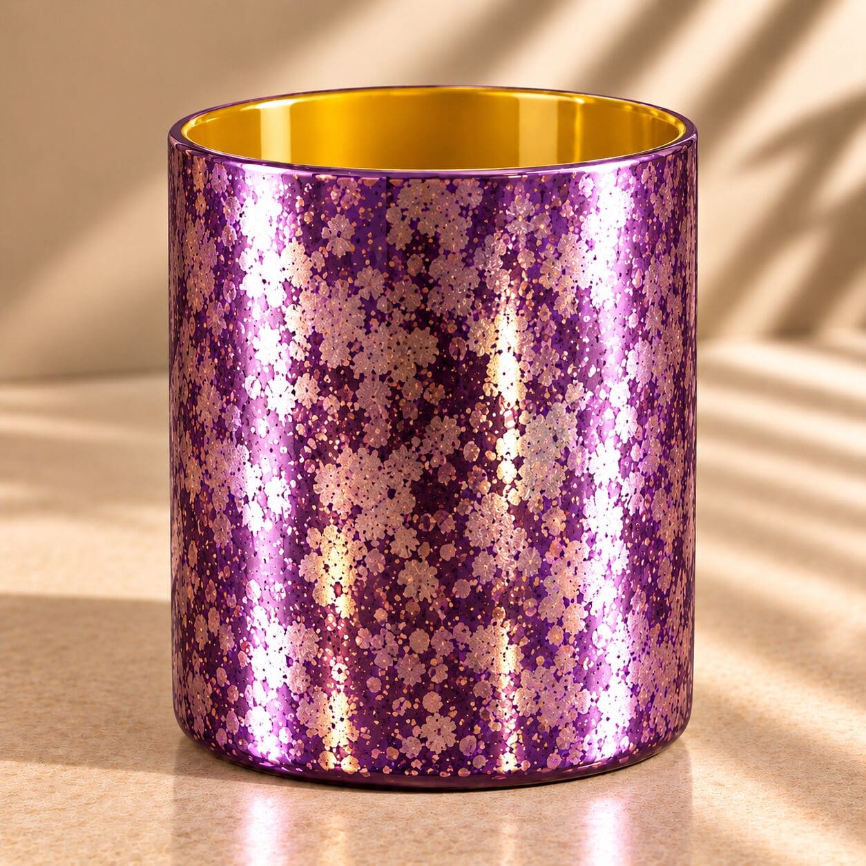 Purple and gold glitter spray coated cylindrical glass jar with gold interior, displayed on a beige surface with window shadows