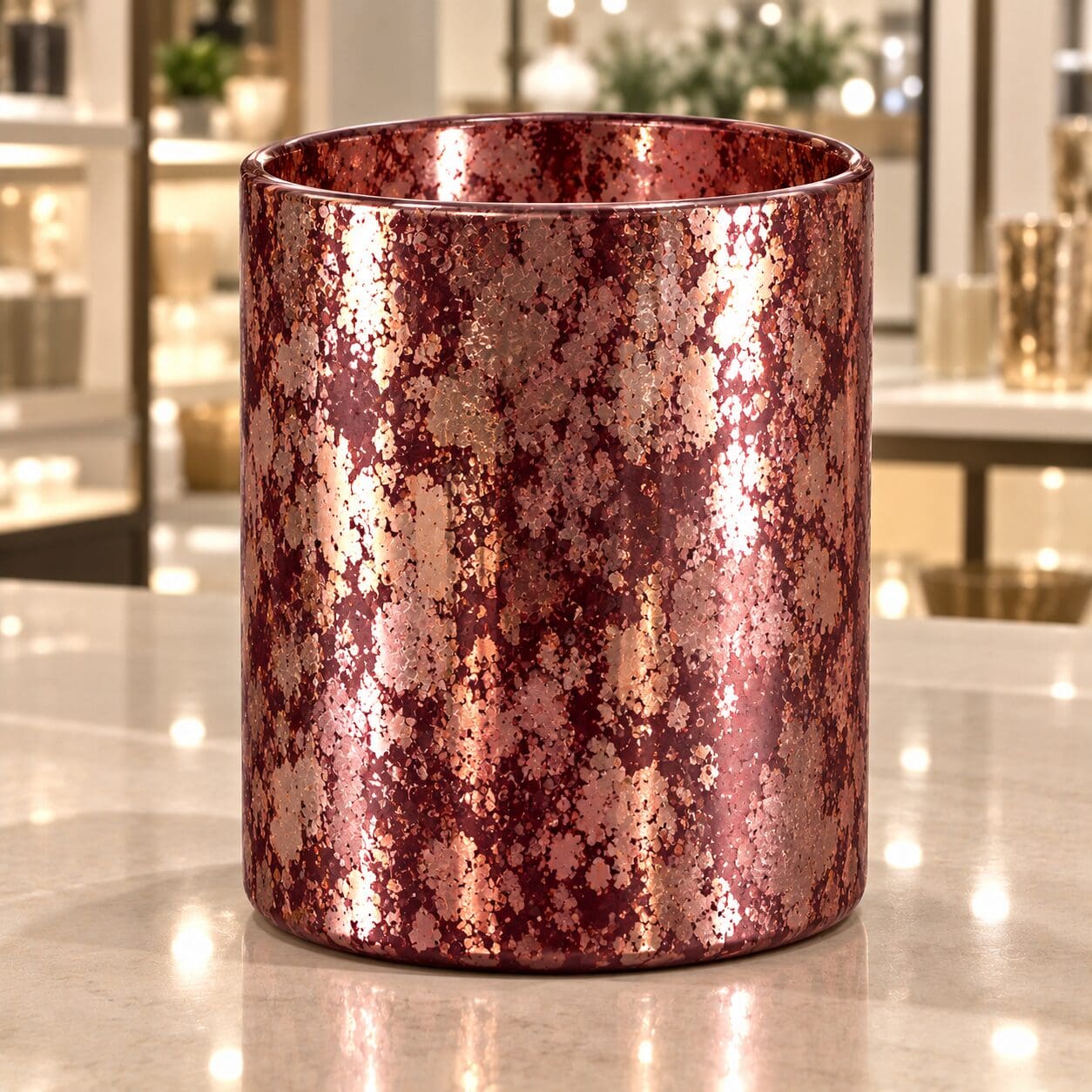 Rose gold glitter spray coated cylinder glass jar displayed on marble surface with blurred retail background