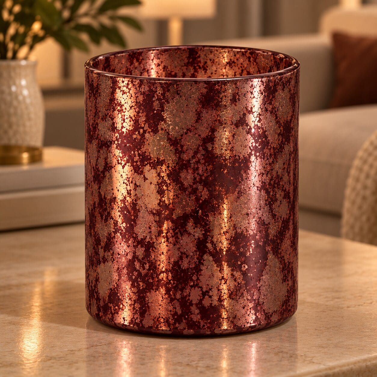 Rose gold glitter spray coated cylindrical glass container on marble surface with warm home decor background