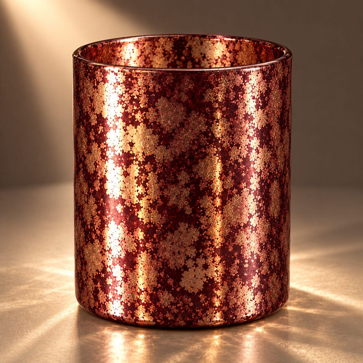 Rose gold glitter-coated cylindrical glass container with reflective sparkle finish, ideal for candle or decorative purposes