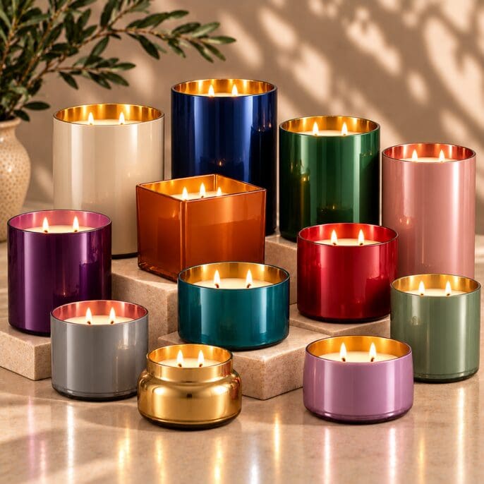 Collection of colorful metallic glass candle jars with gold interiors and lit wicks, arranged on stone blocks with decorative foliage