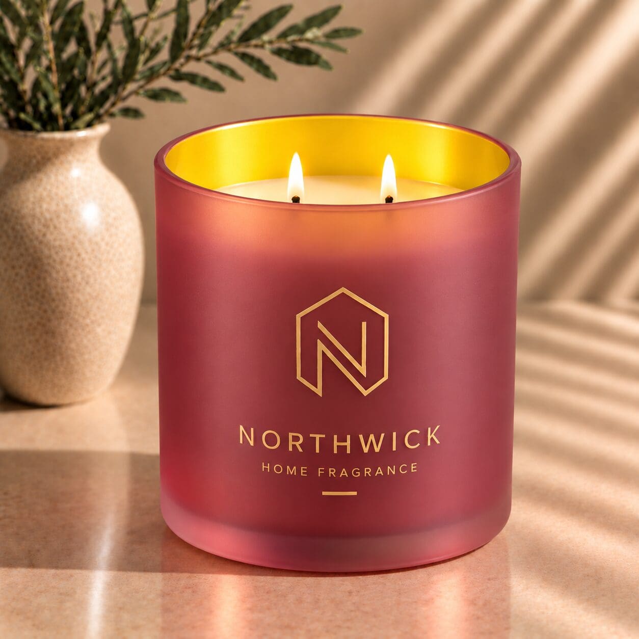 Northwick Home Fragrance luxury candle with dual wicks in rose-colored frosted glass jar with yellow interior, featuring gold logo and text, displayed beside potted greenery with natural window light