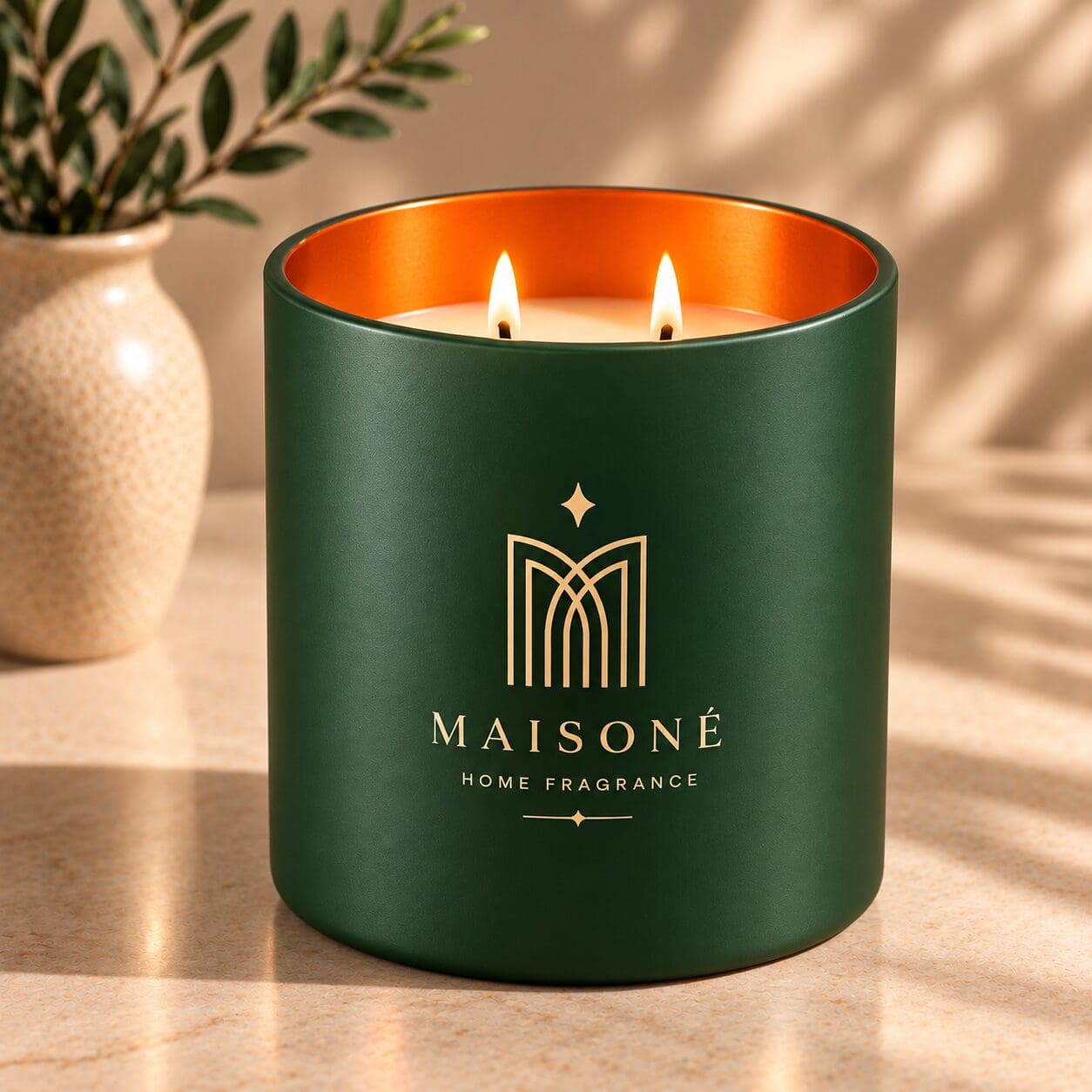 Green matte candle jar with gold foil logo and orange interior, displaying two lit wicks next to a cream ceramic vase with greenery on a beige surface