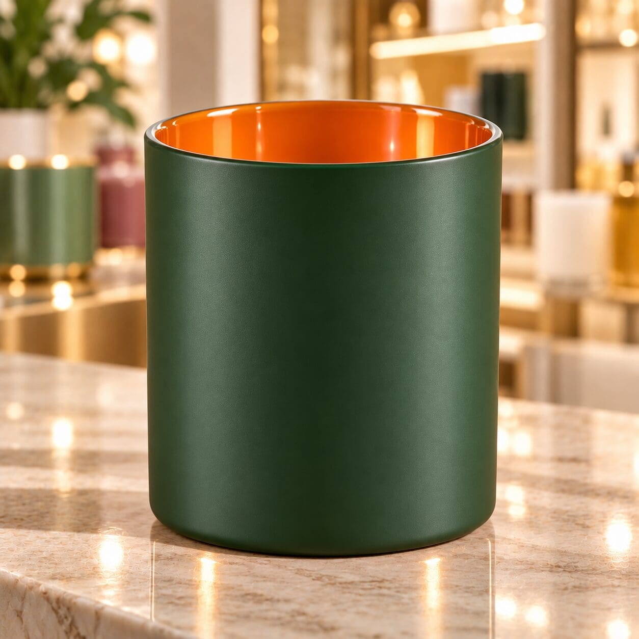 Green matte spray coated glass candle jar with orange interior lining displayed on marble surface in luxury retail setting