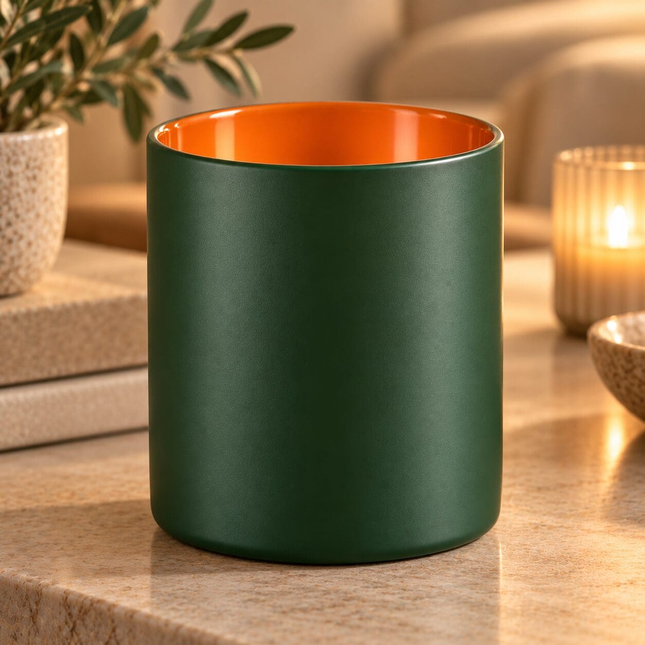 Green matte spray coated cylindrical candle jar with orange interior displayed on marble surface alongside potted plant, stacked books, and lit candles in warm home décor setting