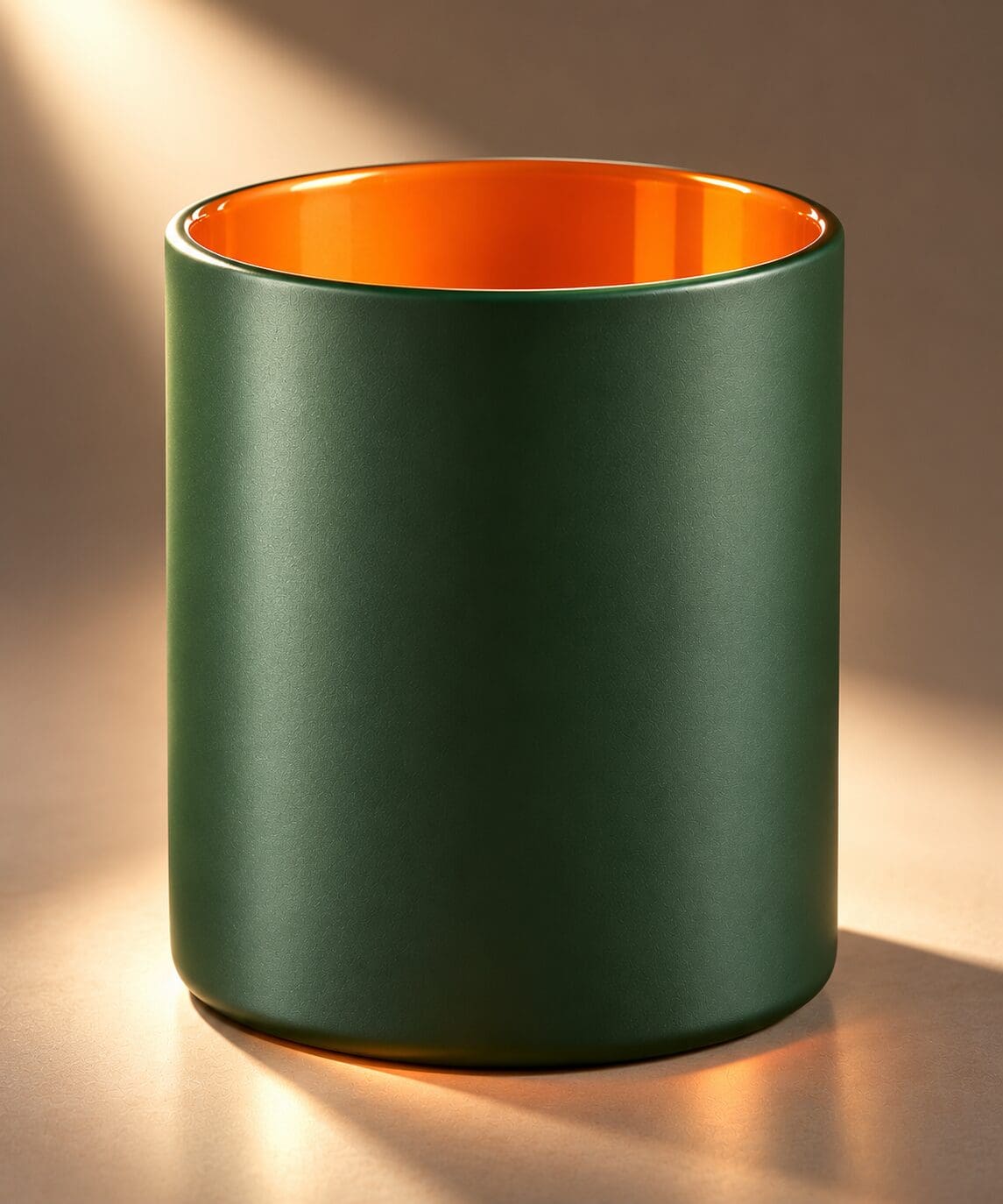 Green matte spray coated cylindrical candle jar with bright orange interior and glossy rim, displayed against warm neutral background with dramatic lighting