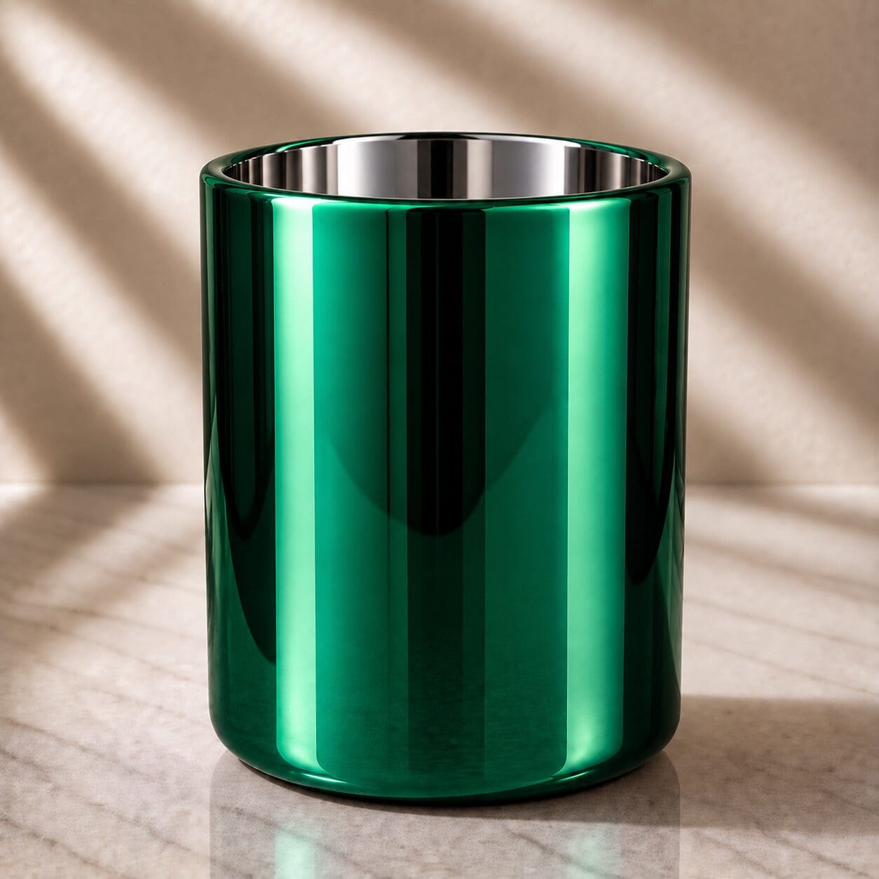 Emerald green metallic cylindrical glass container with stainless steel rim, ideal for candle jar decorating or perfume bottle customization