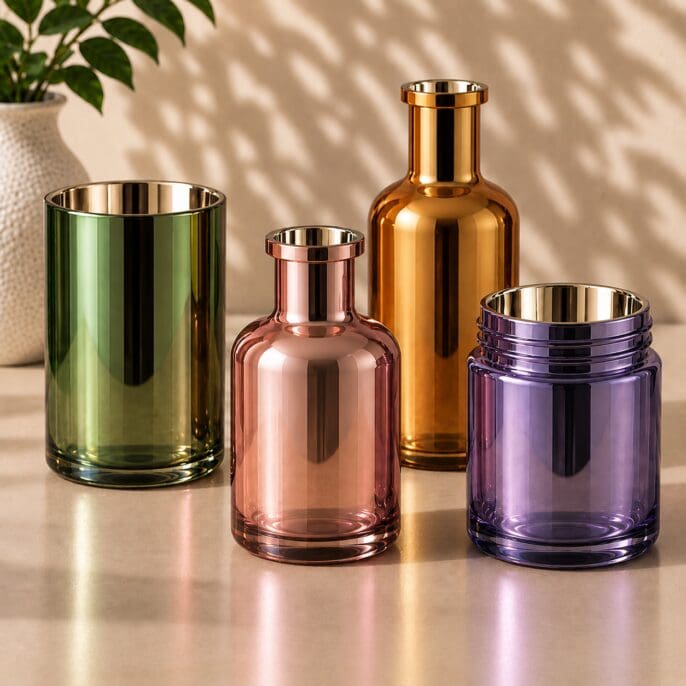 Four colorful glass containers in green, rose, amber, and purple with metallic gold rims displayed on a marble surface with a potted plant and neutral background