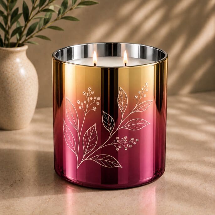 Luxury candle jar with gold-to-pink ombre gradient and white botanical leaf designs, featuring two lit wicks and metallic trim, displayed on neutral surface with potted plant