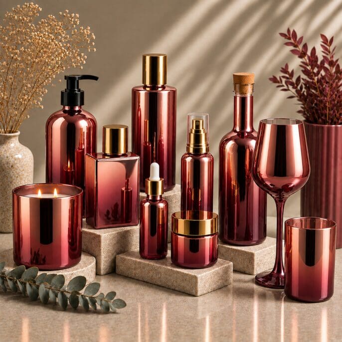 Luxury beauty and home decor collection featuring rose gold glass bottles, candles, and wine glasses arranged on stone bases with dried flowers and greenery