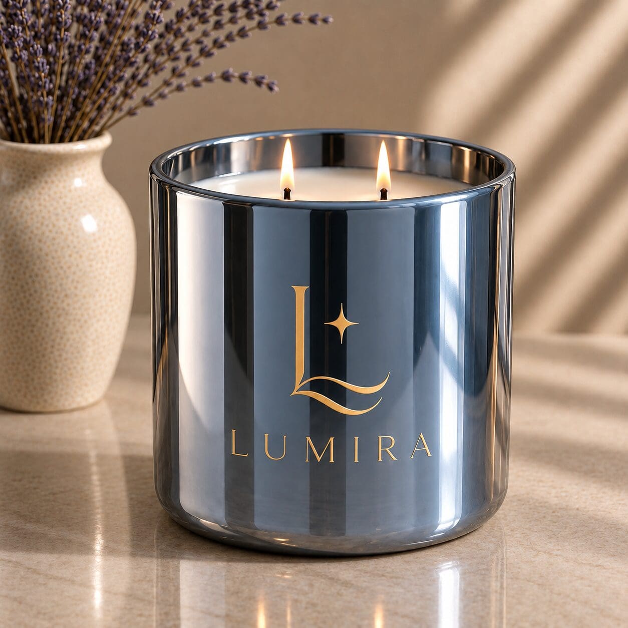 Luxury LUMIRA candle in reflective glass jar with dual flames, beside dried lavender in cream vase, showcasing premium candle jar decorating and screen printing craftsmanship