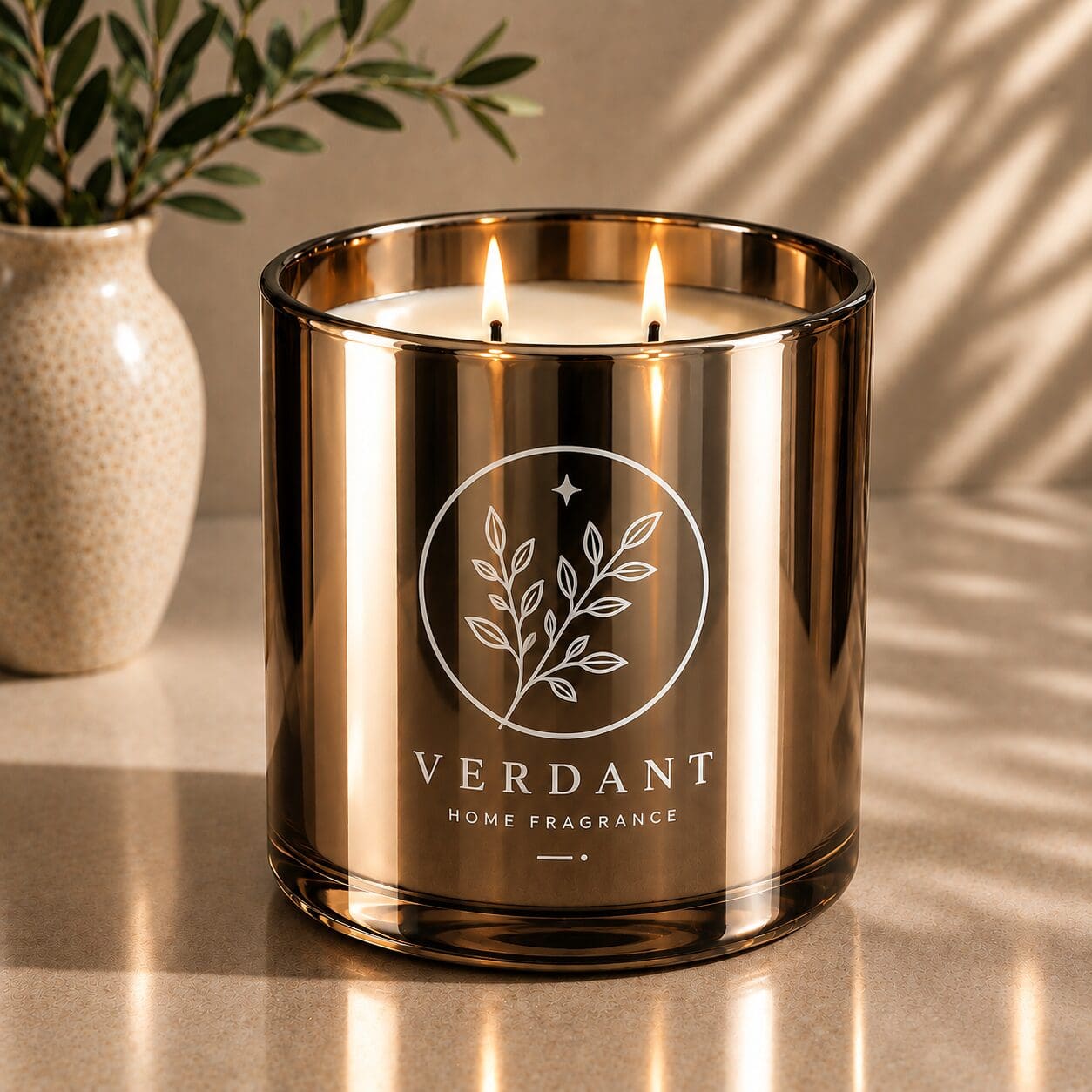 Luxe gold glass candle jar with "Verdant Home Fragrance" branding, two lit wicks, displayed alongside a cream ceramic vase with greenery and natural window light casting shadows