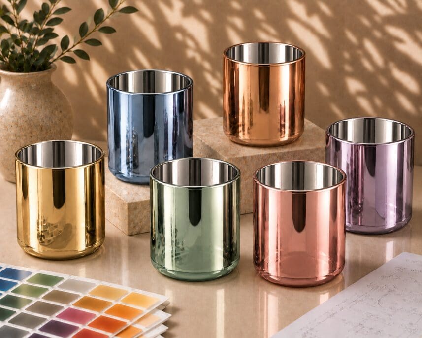 Six metallic cylindrical candle jars in gold, blue, green, rose, copper, and purple with stainless steel rims arranged on a marble surface beside a potted plant and color swatch palette
