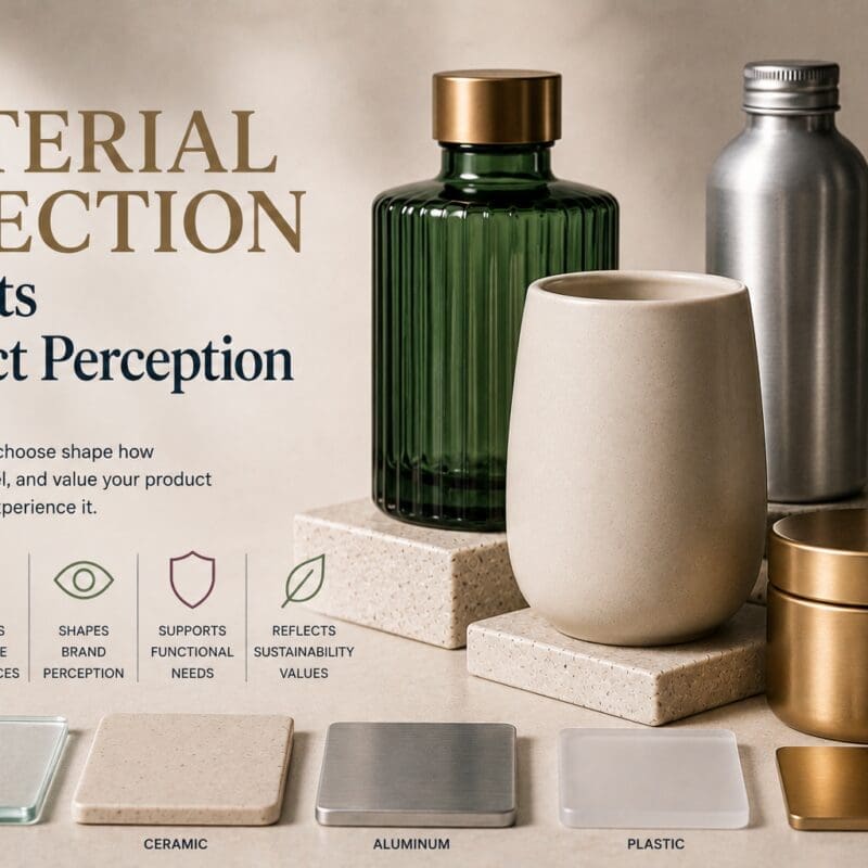 Luxury beauty and home products in glass bottles, ceramic vessels, and metal containers displaying material selection impact on brand perception, including glass screen printing options and decorative candle jars